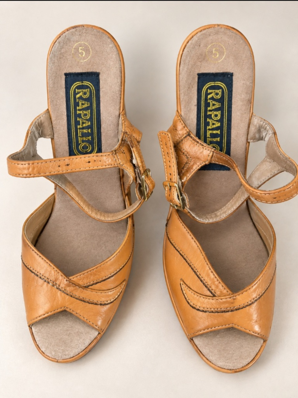 Vintage 1970s Rapallo Leather Wood Heel Sandals Size 5 One Owner